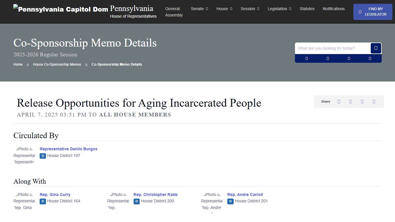 House Co-Sponsorship Memo 46337 Information; 2025-2026 Regular Session - PA House of Representatives