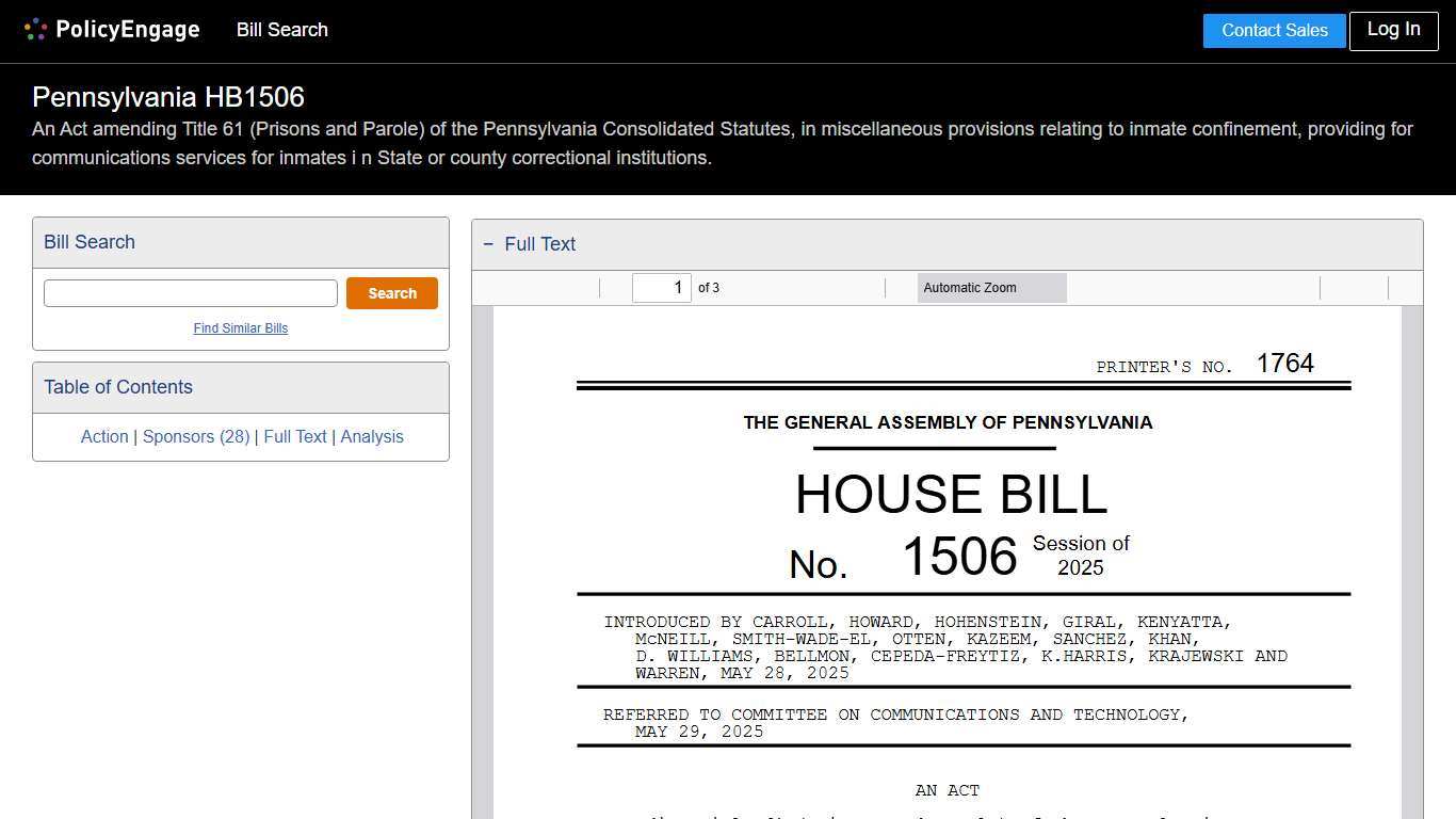 HB1506 Pennsylvania 2025-2026 An Act amending Title 61 (Prisons and Parole) of the Pennsylvania Consolidated Statutes, in miscellaneous provisions relating to inmate confinement, providing for communications services for inmates i n State or county correctional institutions. - Legislative Tracking PolicyEngage